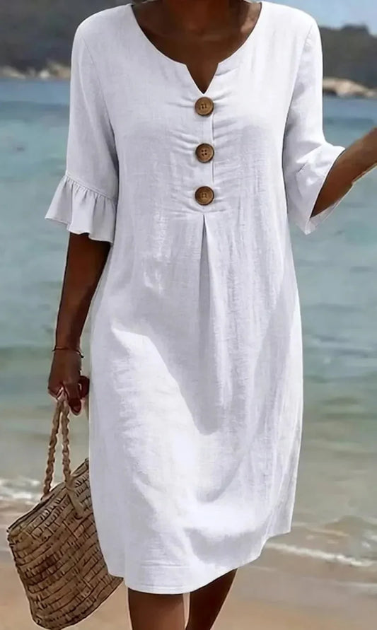 Vestido lino con manga abullonada y botones | Vanesa
