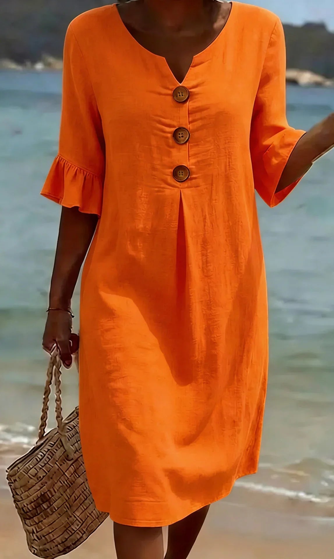 Vestido lino con manga abullonada y botones | Vanesa
