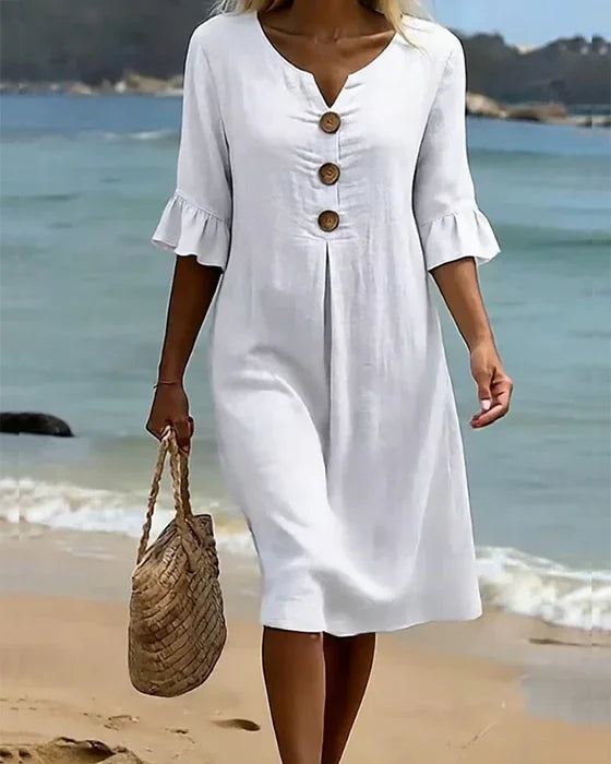 Vestido lino con manga abullonada y botones | Vanesa