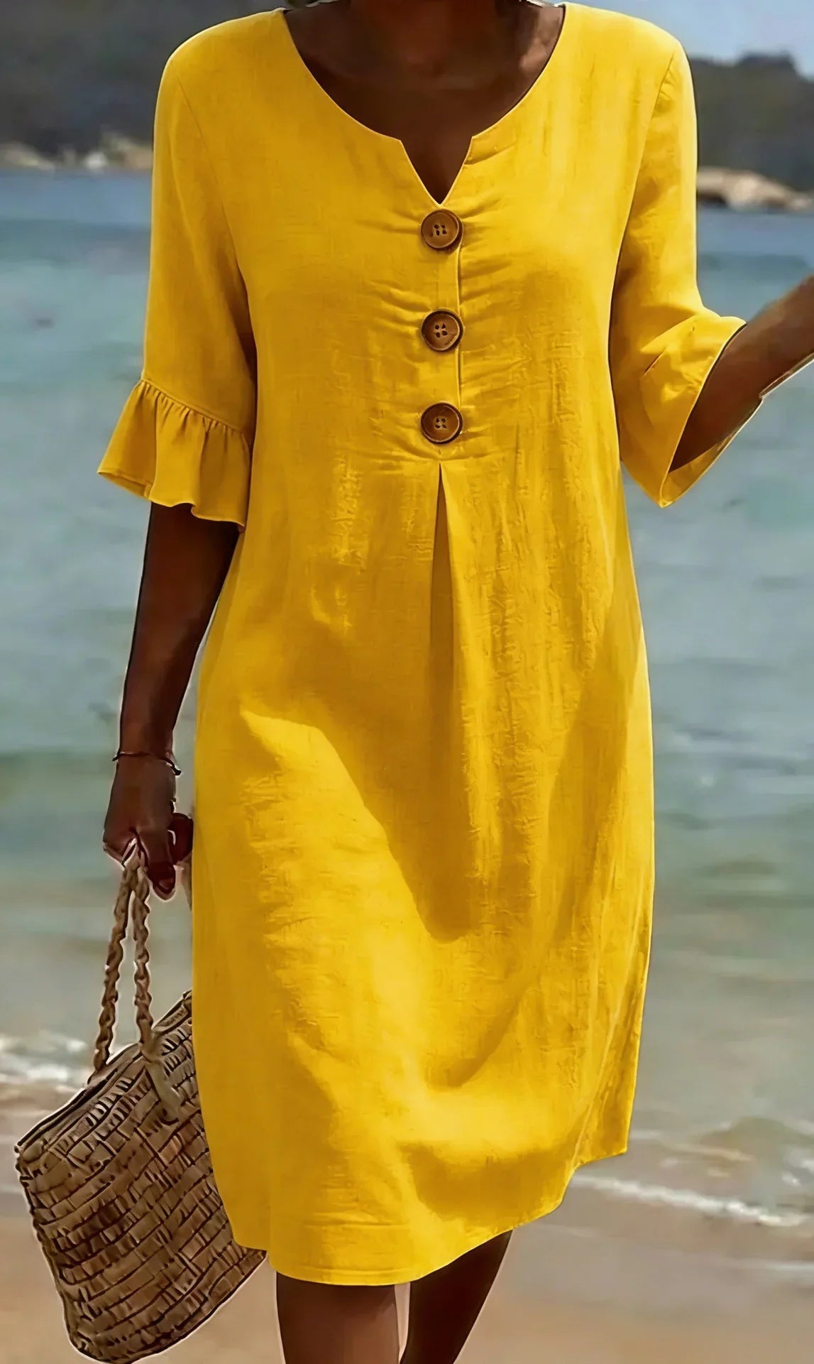 Vestido lino con manga abullonada y botones | Vanesa