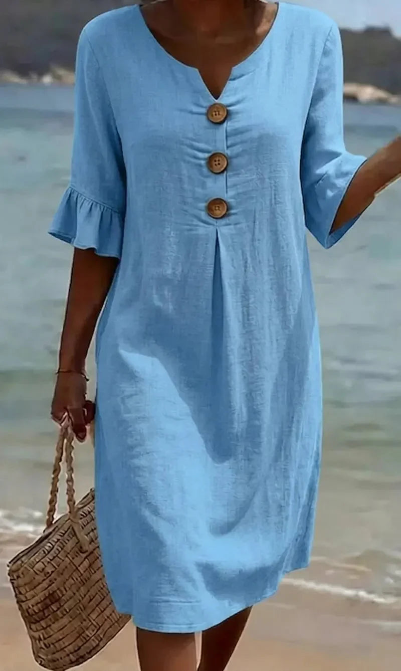 Vestido lino con manga abullonada y botones | Vanesa