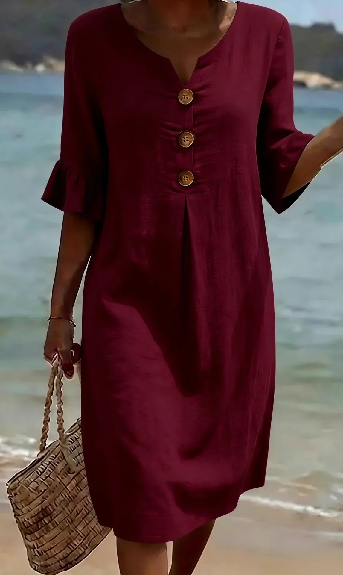 Vestido lino con manga abullonada y botones | Vanesa