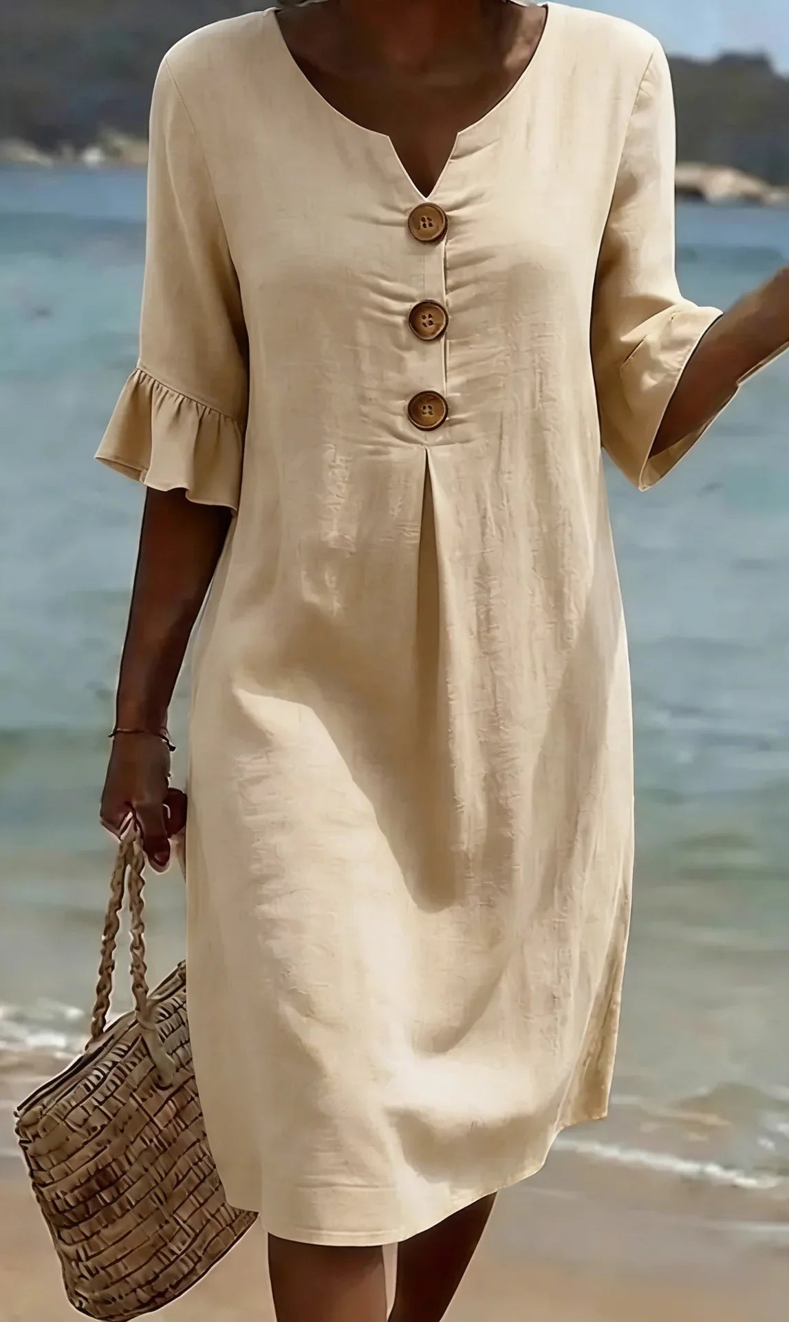 Vestido lino con manga abullonada y botones | Vanesa