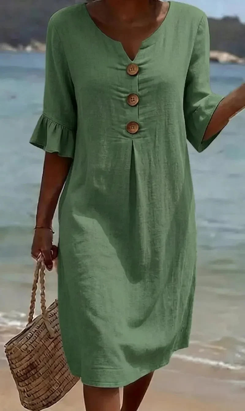 Vestido lino con manga abullonada y botones | Vanesa