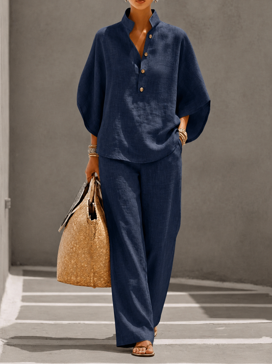 Conjunto lino de mangas murciélago y pantalón ancho | Maribel