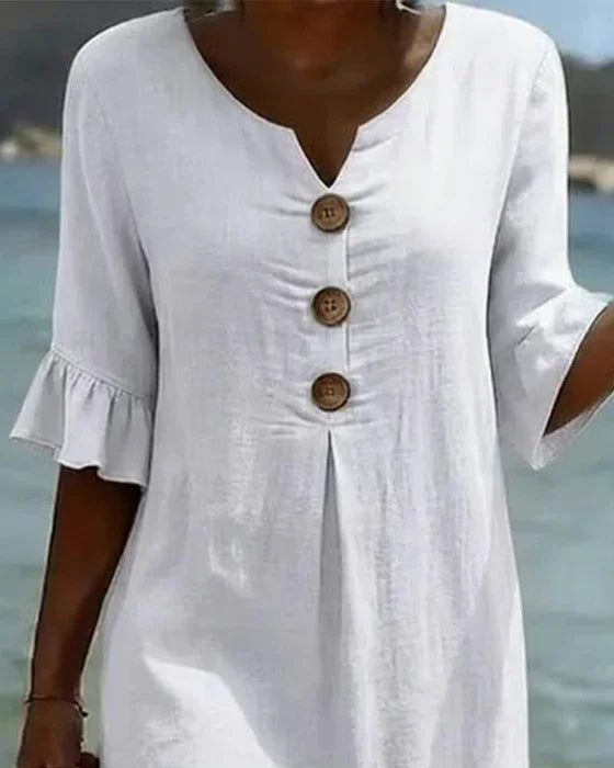 Vestido lino con manga abullonada y botones | Vanesa