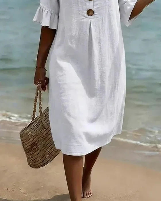 Vestido lino con manga abullonada y botones | Vanesa