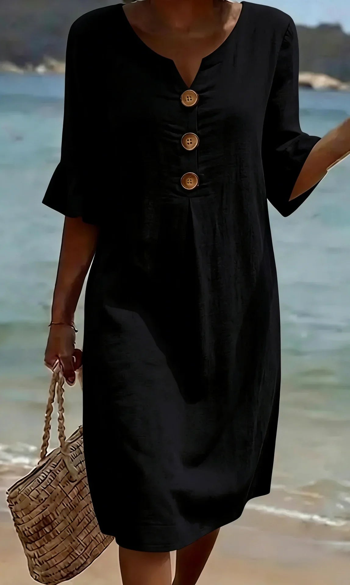 Vestido lino con manga abullonada y botones | Vanesa