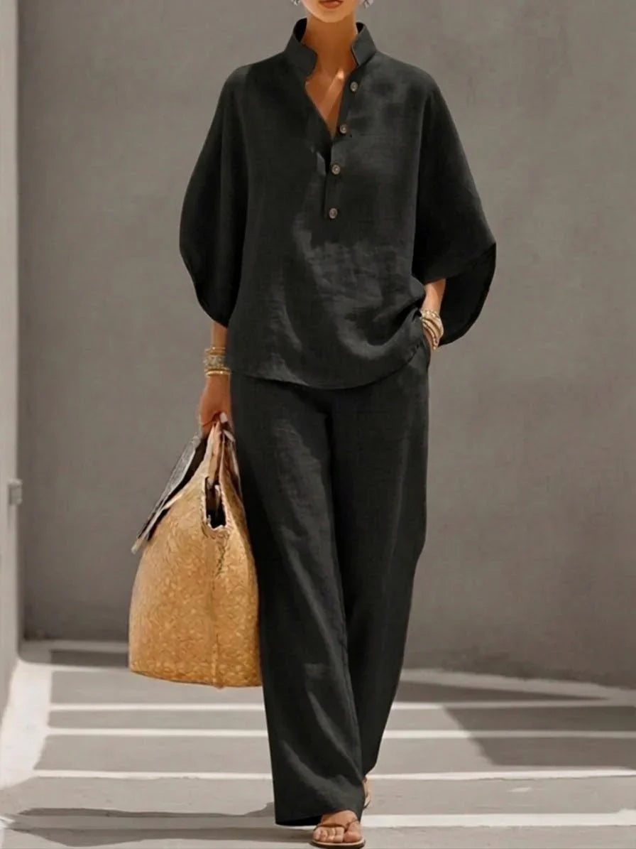 Conjunto lino de mangas murciélago y pantalón ancho | Maribel