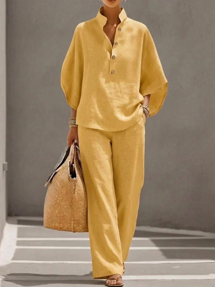 Conjunto lino de mangas murciélago y pantalón ancho | Maribel