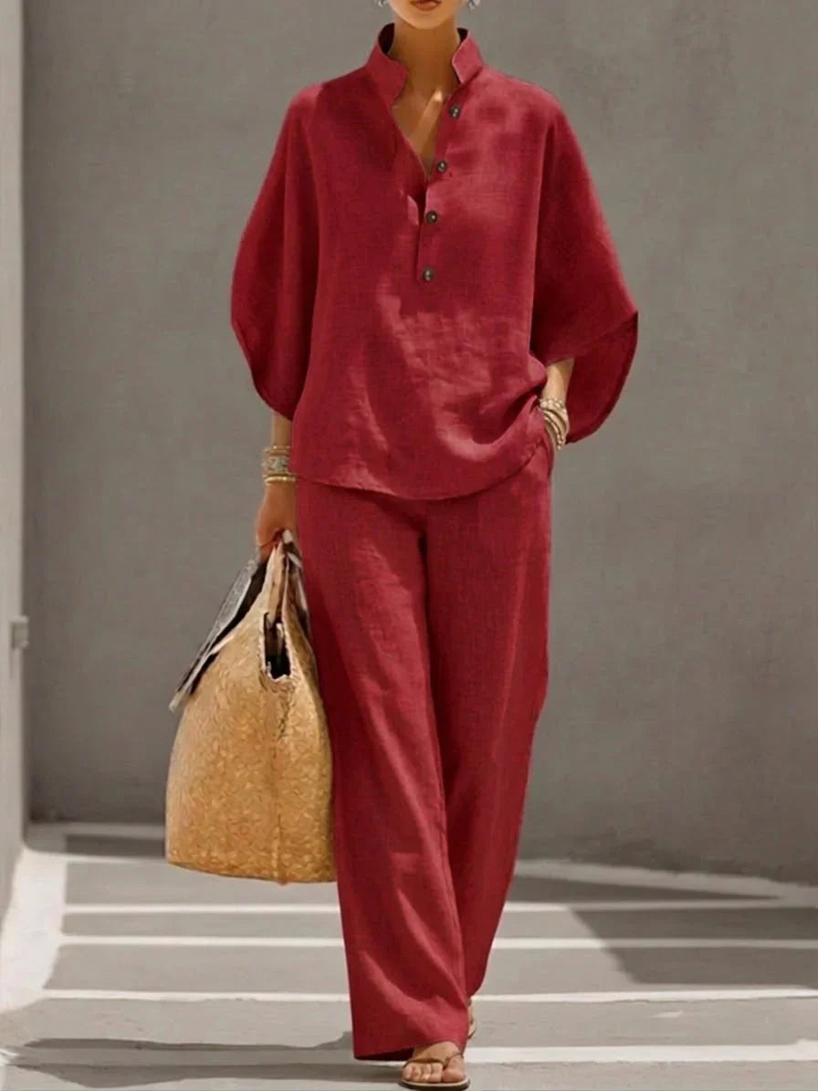 Conjunto lino de mangas murciélago y pantalón ancho | Maribel